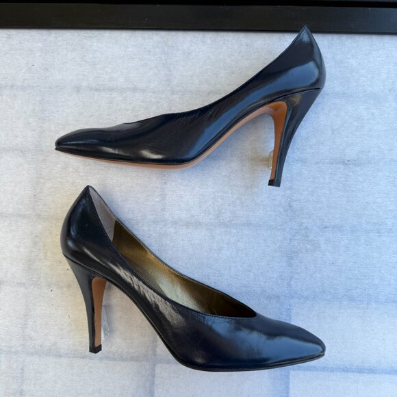 YVES SAINT LAURENT YSL Pump Heel 7N Dress Shoes Vintage Navy Blue Stiletto 90s - Picture 3 of 8
